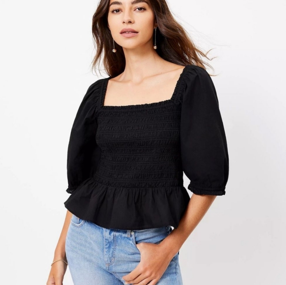 Loft Smocked Puff Sleeve Flare Waist Black Top